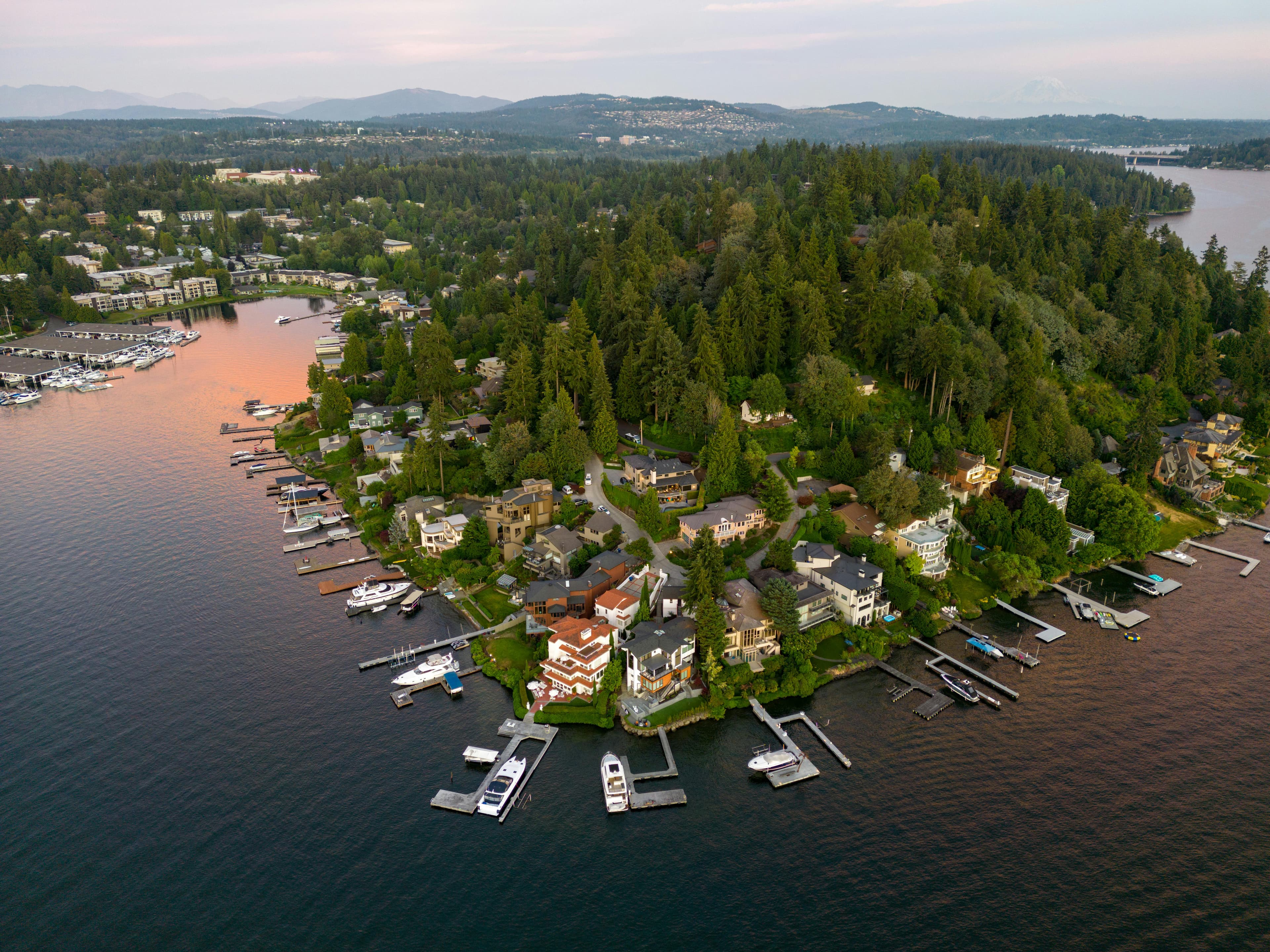 Aerial view of Mercer Island in autumn with downtown Bellevue in the background