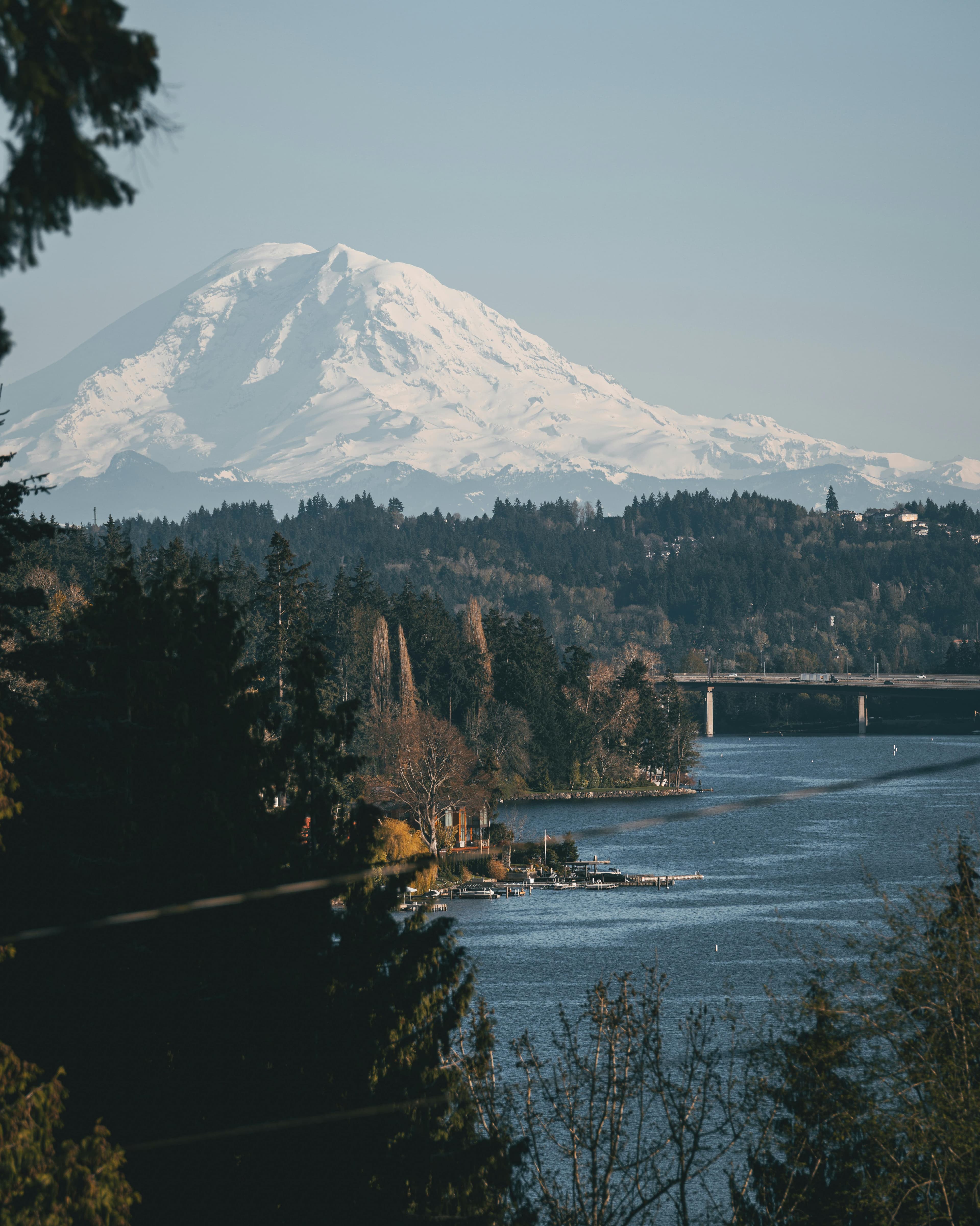 Mount Rainier rising above Lake Washington and Mercer Island